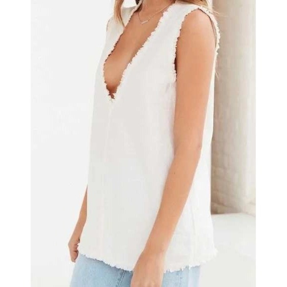Silence + Noise Linen V Neck Top M White Lagenlook Coastal Sleeveless Organic